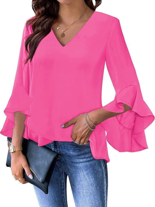 Womens Blouse Ruffle 3/4 Sleeve Tops V Neck Business Casual Blouses Shirts Spring Summer Outfits 2025