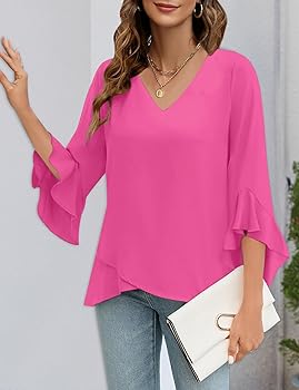 Womens Blouse Ruffle 3/4 Sleeve Tops V Neck Business Casual Blouses Shirts Spring Summer Outfits 2025